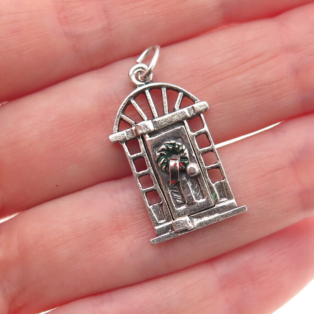 925 Sterling Silver Vintage Enamel Christmas Door Oxidized Charm Pendant